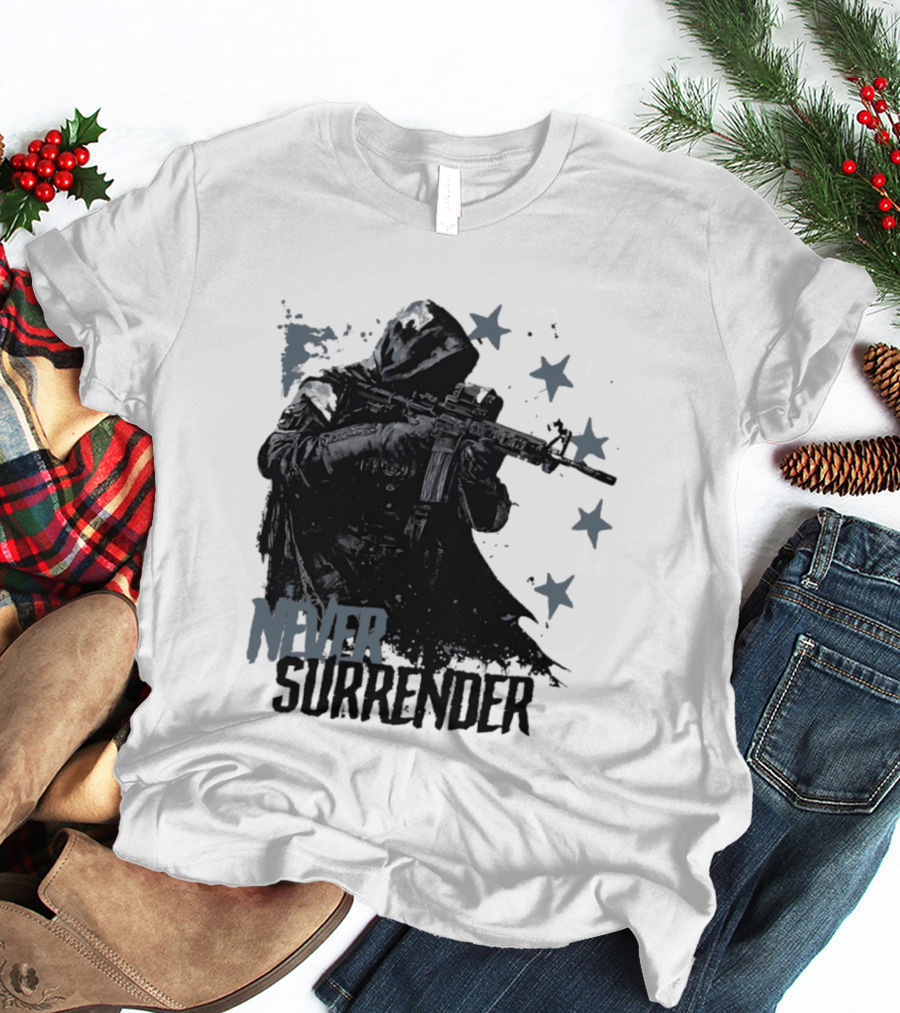 Never Surrender Reaper With Hooded Figure And Rifle T-Shirt