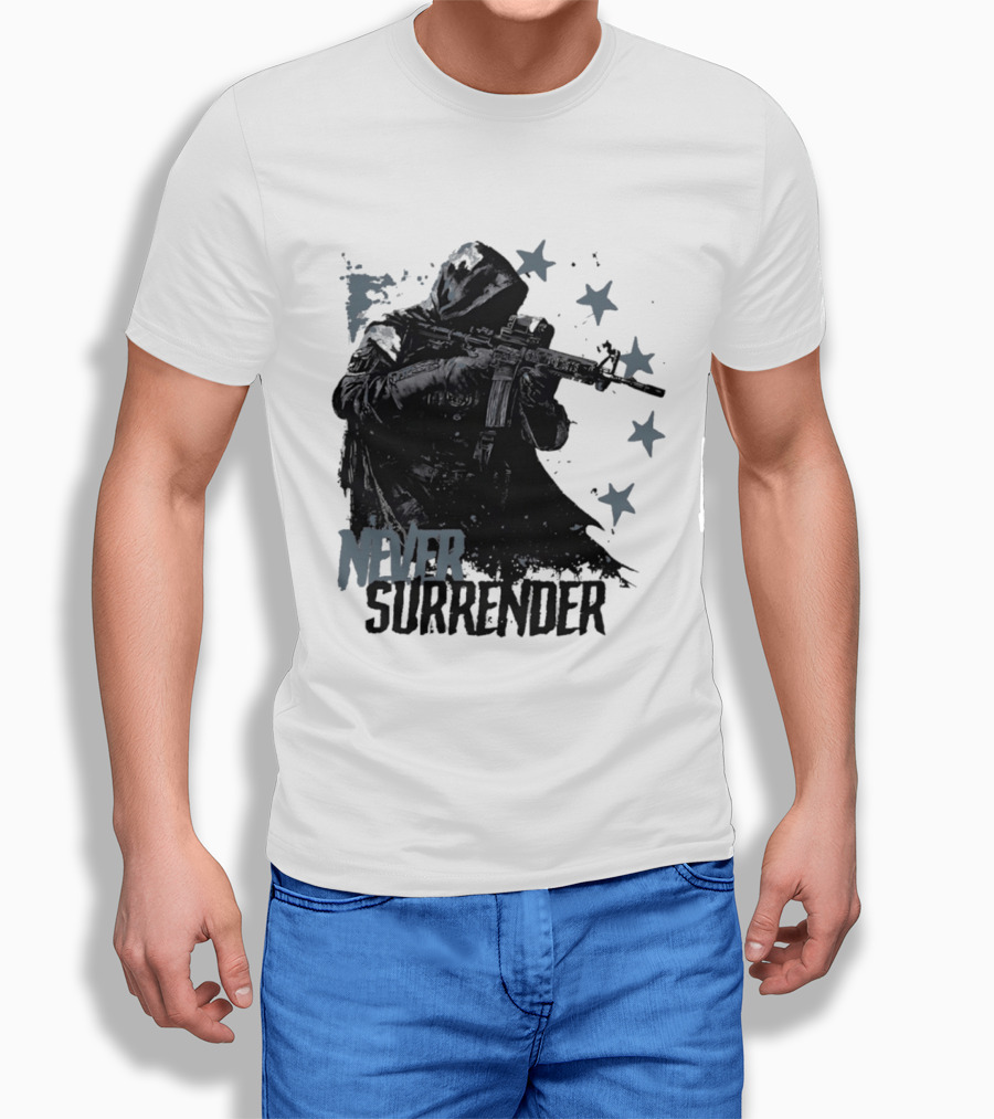 Never Surrender Reaper With Hooded Figure And Rifle T-Shirt