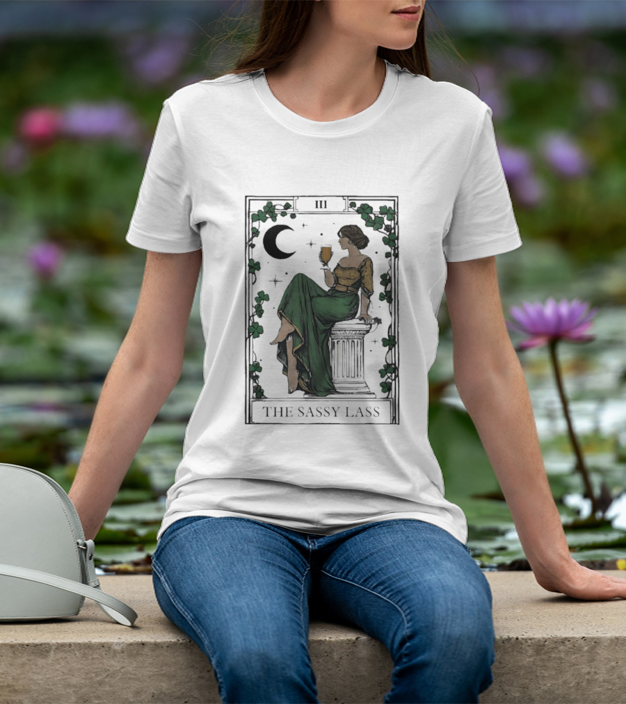 St Patrick's Day The Sassy Lass Tarot Card III Moon Clover T-Shirt