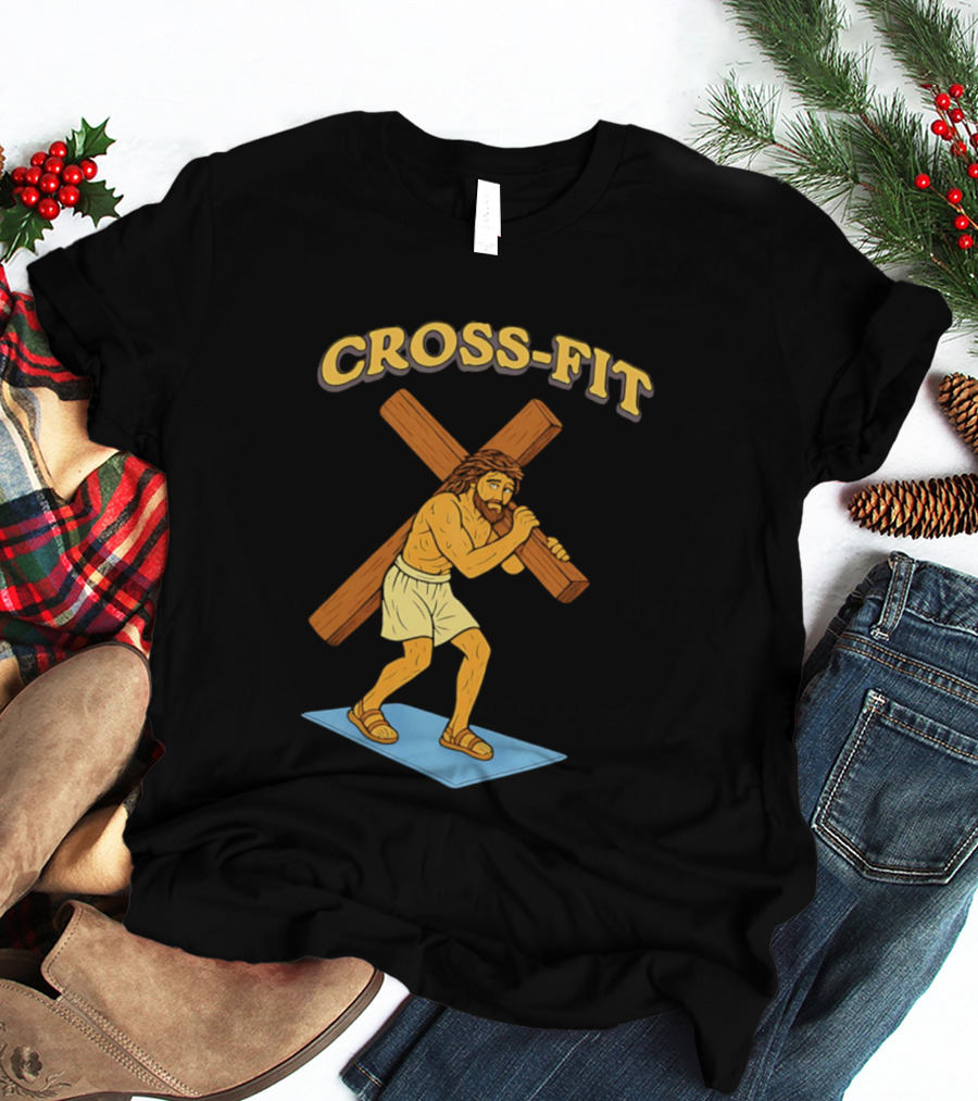 Cross Fit Jesus Cartoon Carrying Cross T-Shirt