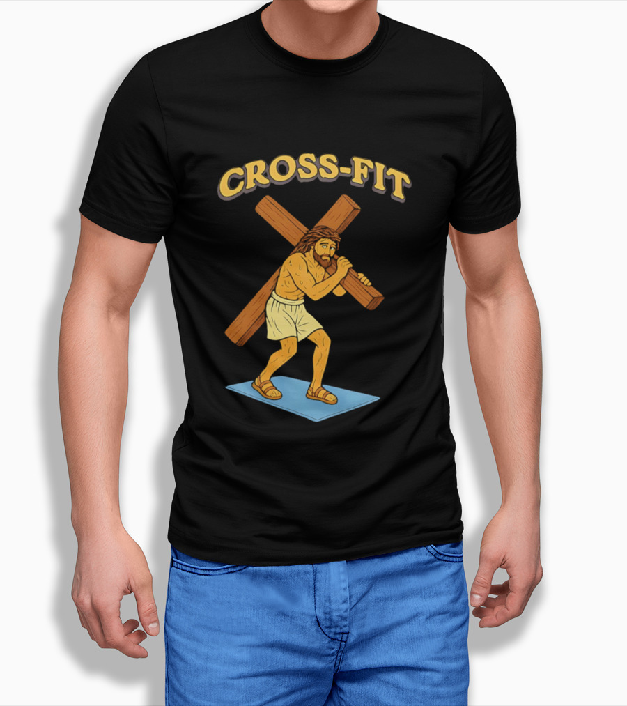 Cross Fit Jesus Cartoon Carrying Cross T-Shirt