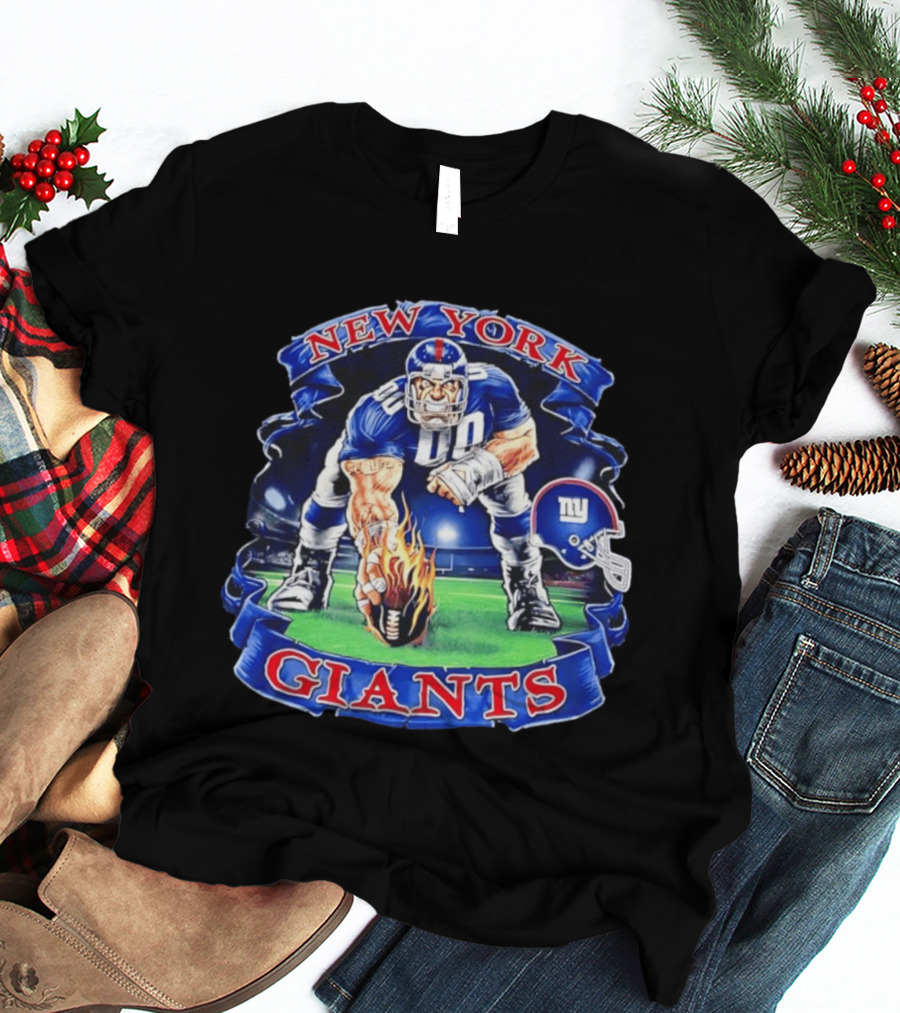 New York Giants Football Flame Helmet Player Action T-Shirt