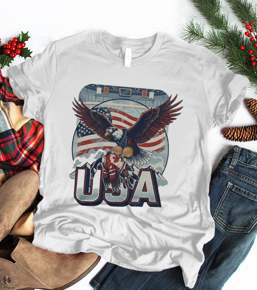 USA Hockey Eagle 1980 2026 American Flag Ice Rink T-Shirt