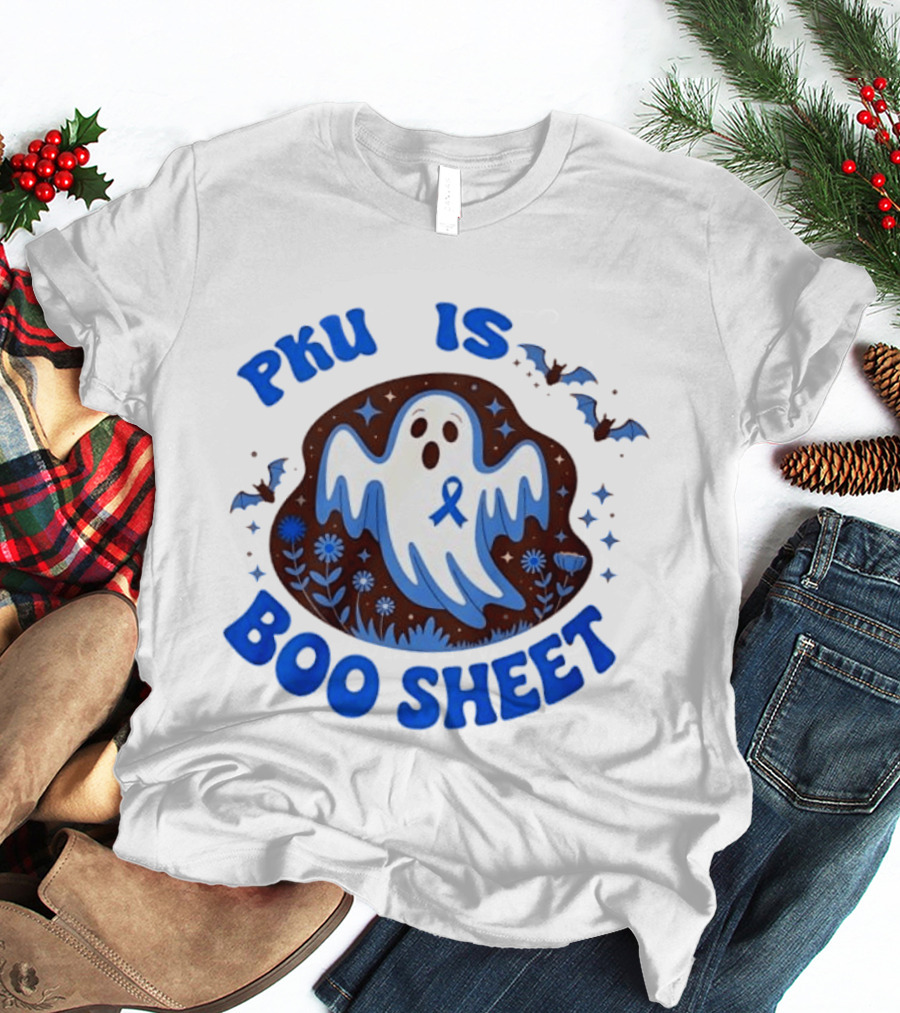 PKU Is Boo Sheet Ghost With Awareness Ribbon And Bats T-Shirt
