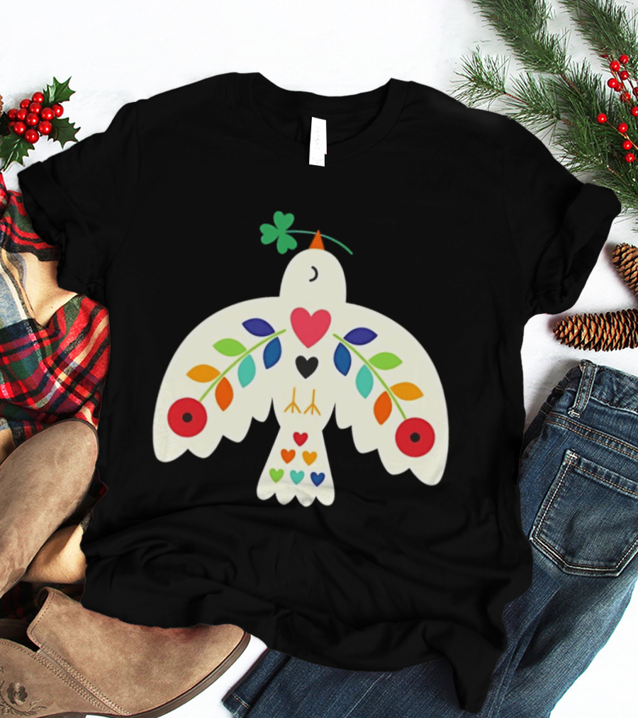 Luck Peace Love Dove With Shamrock And Colorful Hearts T-Shirt