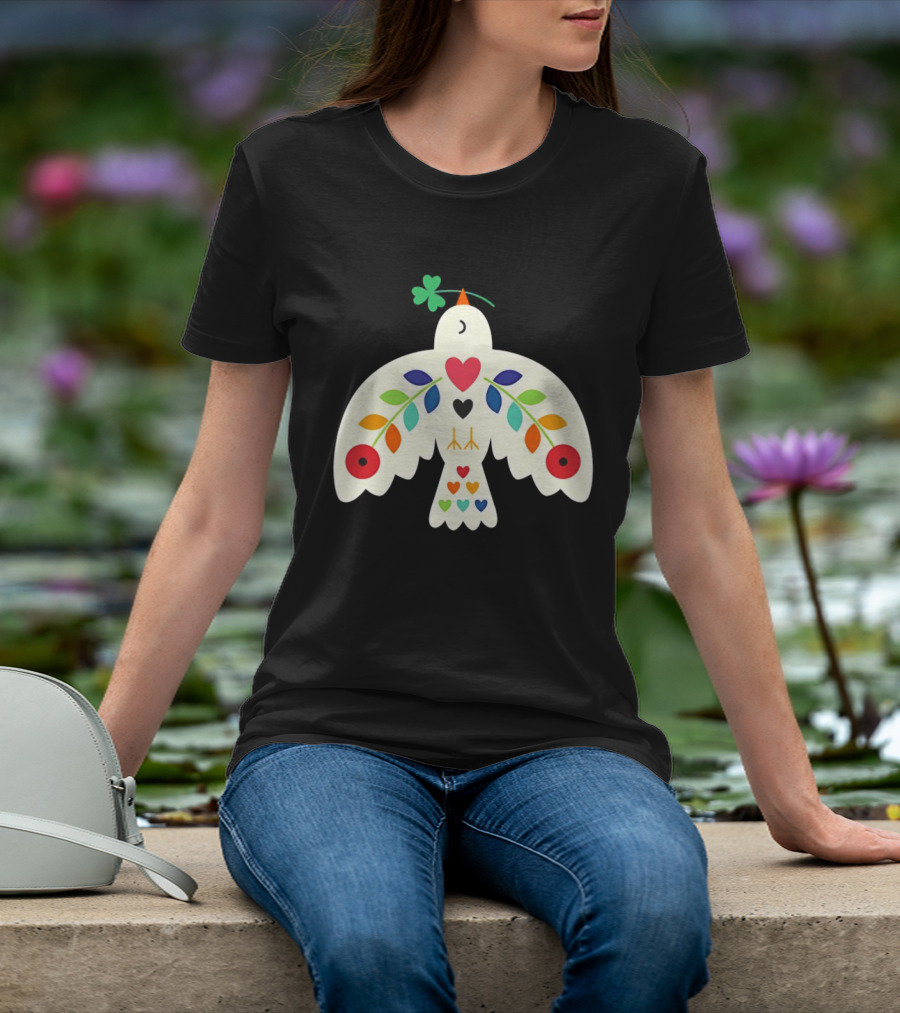 Luck Peace Love Dove With Shamrock And Colorful Hearts T-Shirt