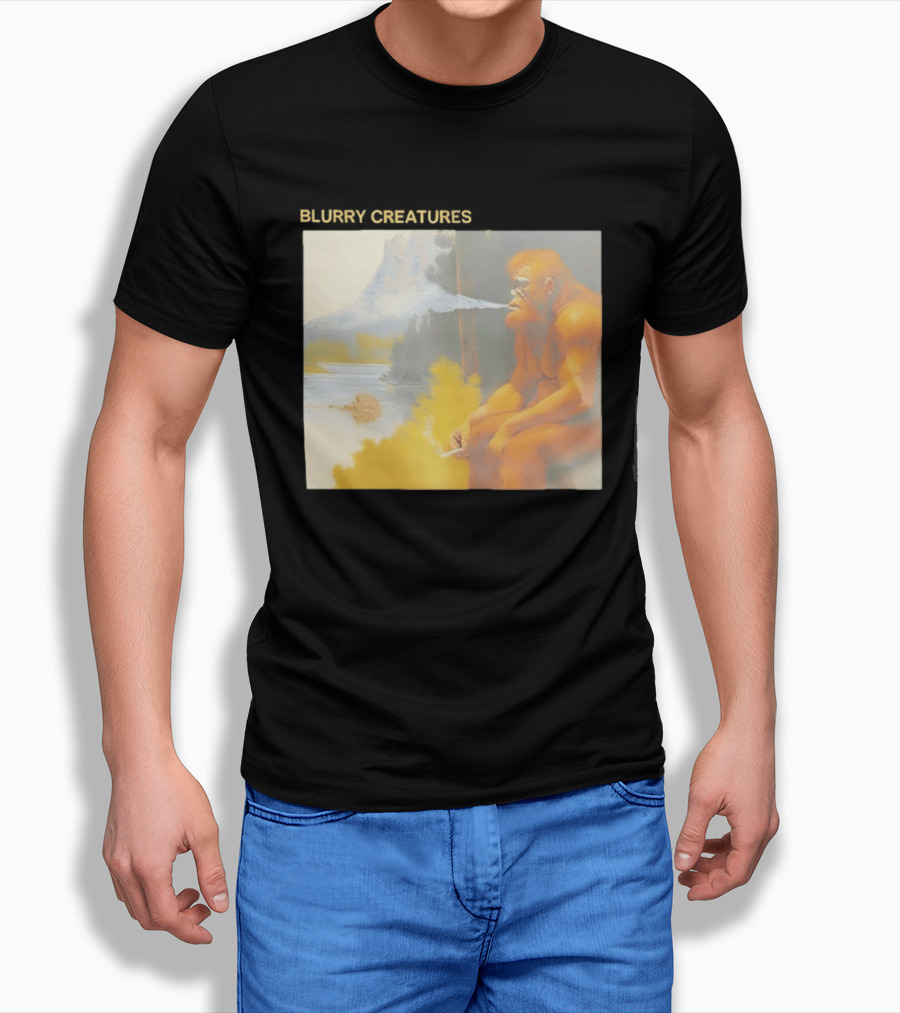 Bigfoot Blurry Creatures Smoking By Lake Mountain Scene T-Shirt