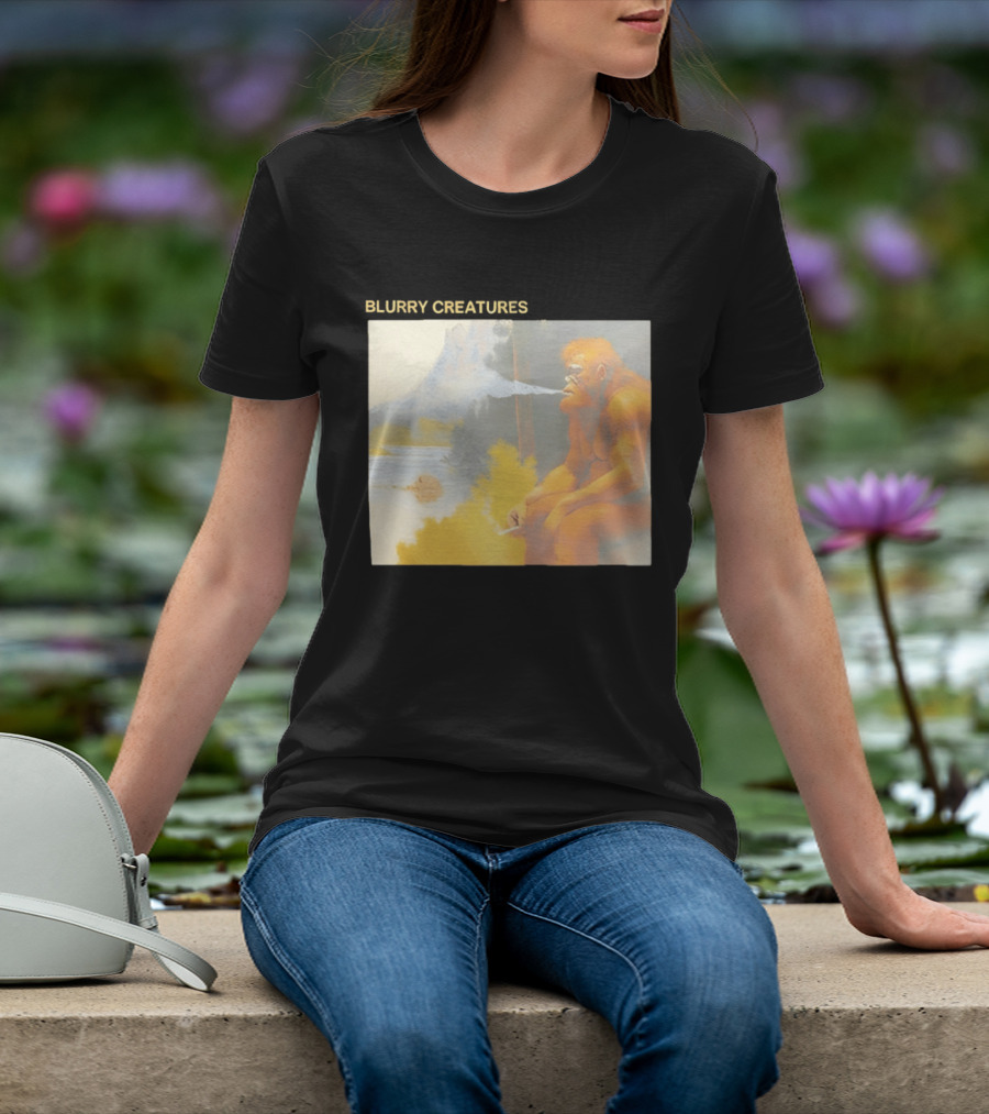Bigfoot Blurry Creatures Smoking By Lake Mountain Scene T-Shirt