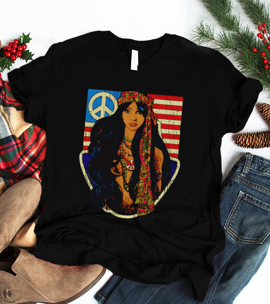 Peace Is Natural 1969 Bohemian Hippie Woman American Flag T-Shirt
