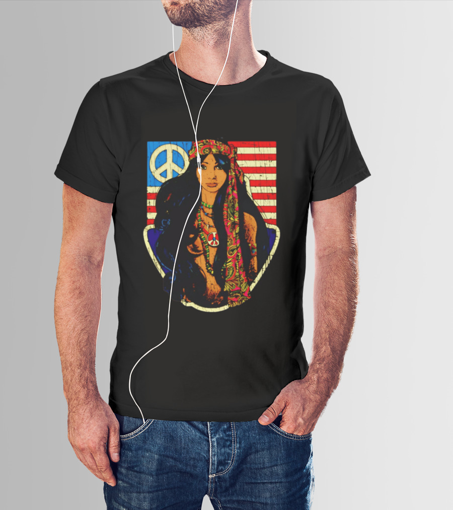 Peace Is Natural 1969 Bohemian Hippie Woman American Flag T-Shirt