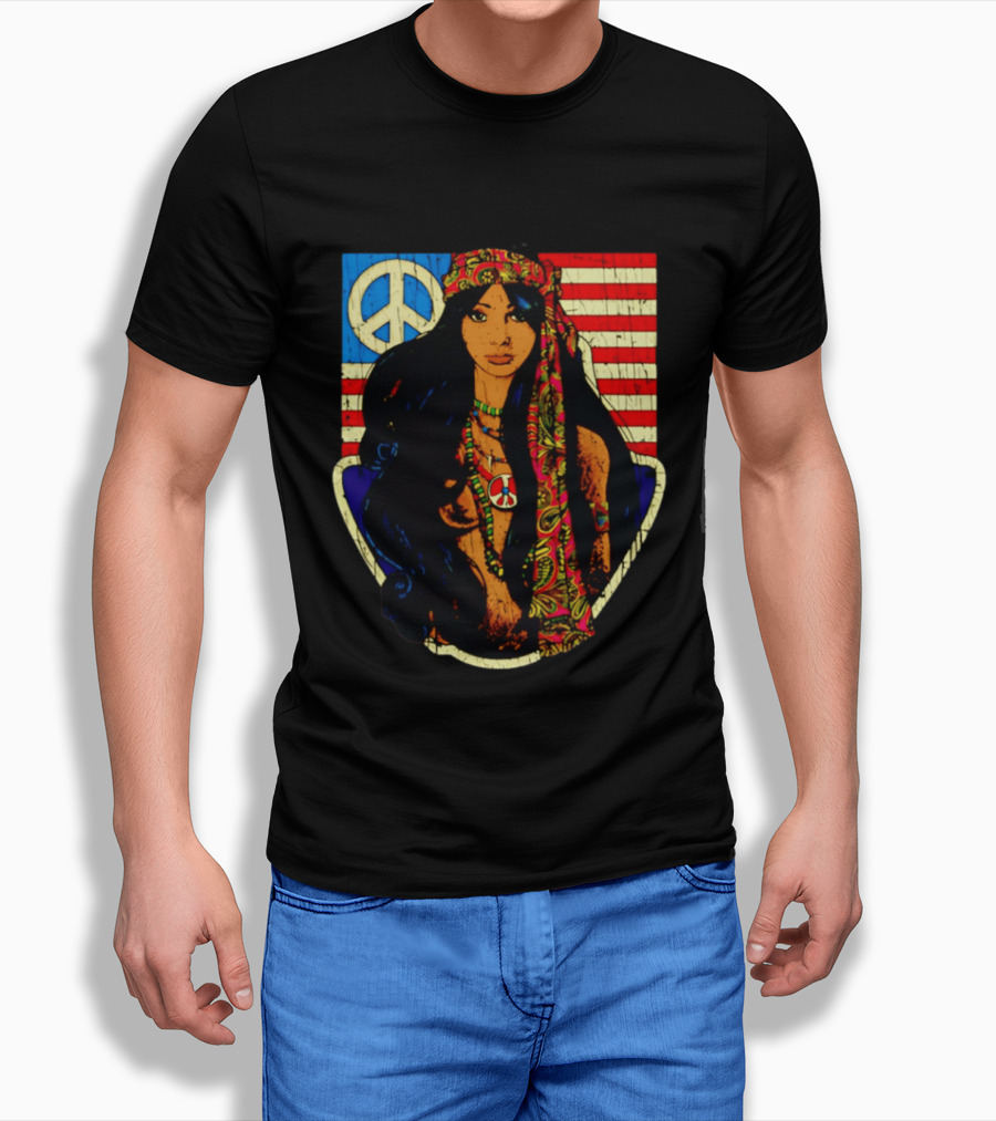 Peace Is Natural 1969 Bohemian Hippie Woman American Flag T-Shirt
