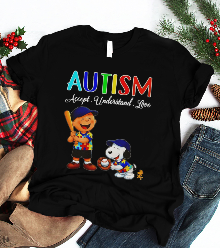 Charlie Brown Snoopy Peanuts Autism Accept Understand Love Baseball Puzzle T-Shirt