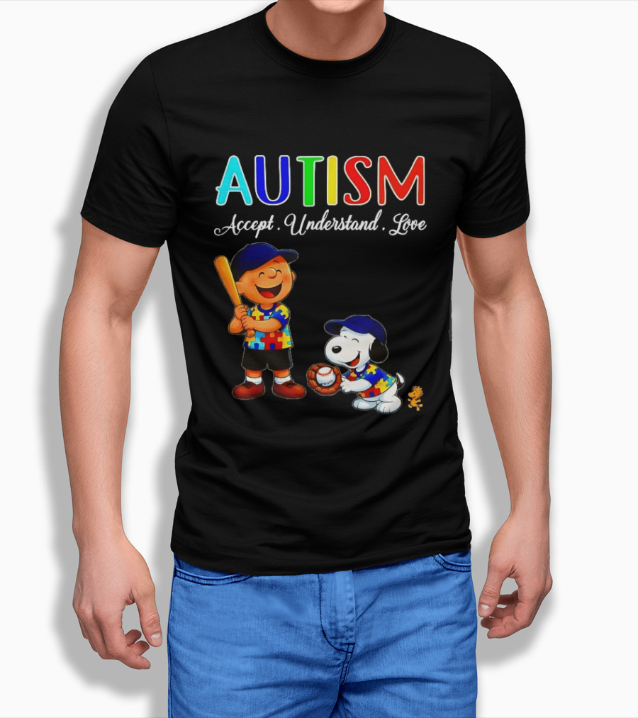 Charlie Brown Snoopy Peanuts Autism Accept Understand Love Baseball Puzzle T-Shirt
