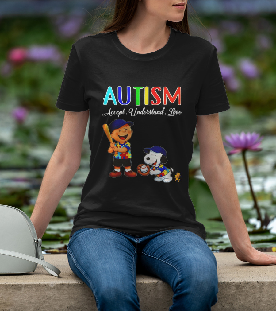 Charlie Brown Snoopy Peanuts Autism Accept Understand Love Baseball Puzzle T-Shirt