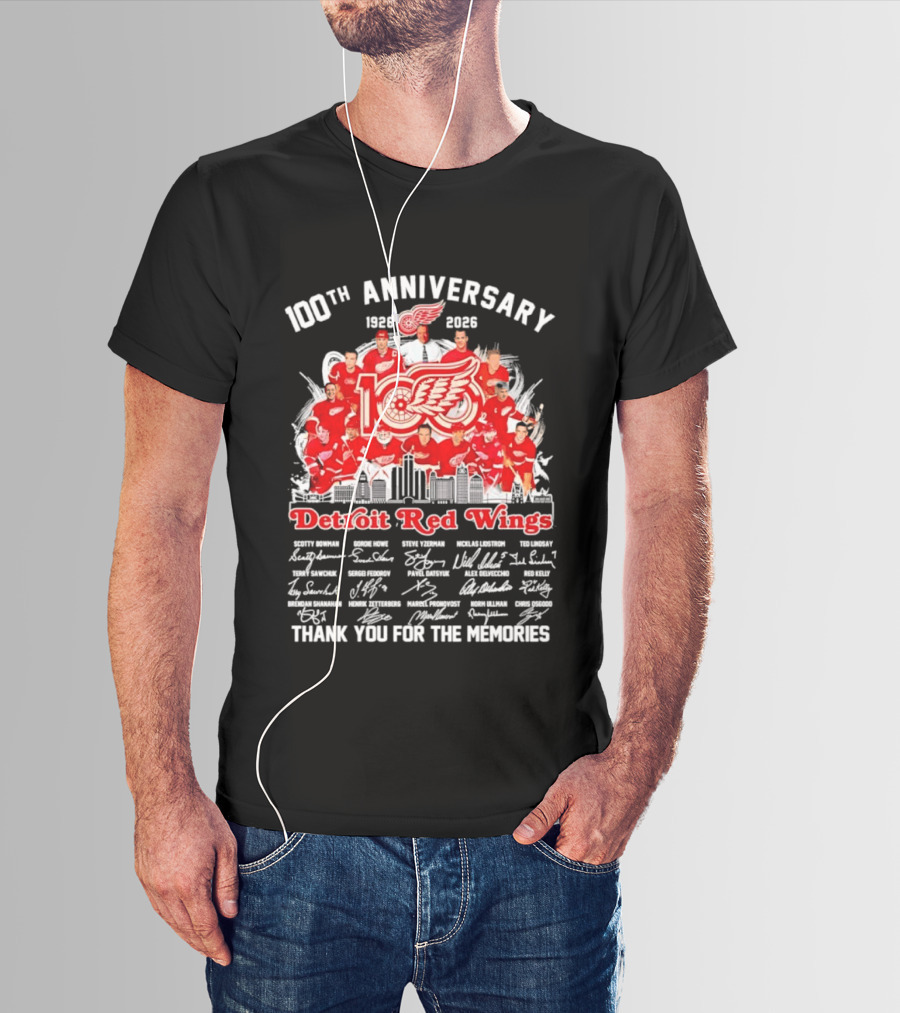Detroit Red Wings 100th Anniversary 1926 2026 Thank You For The Memories Player Skyline T-Shirt