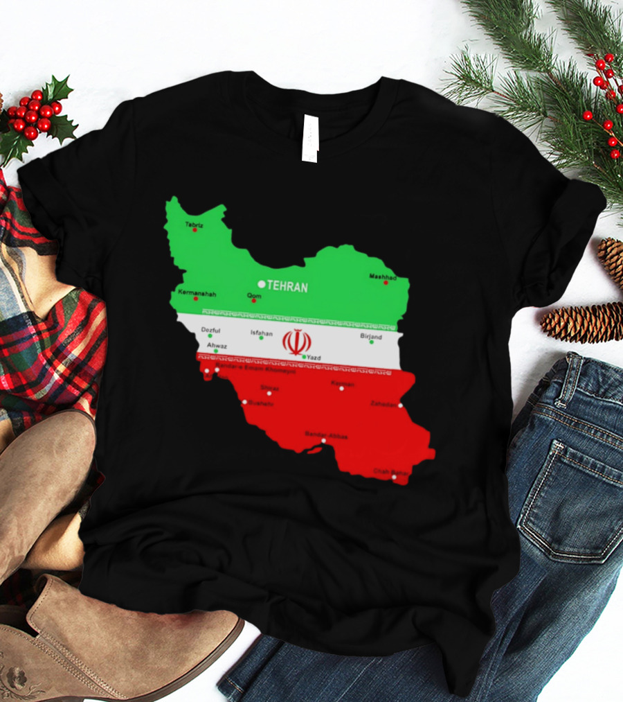 Iran Map With Flag Tehran Tabriz Mashhad Esfahan Shiraz Yazd Cities T-Shirt