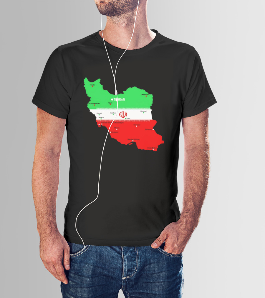 Iran Map With Flag Tehran Tabriz Mashhad Esfahan Shiraz Yazd Cities T-Shirt