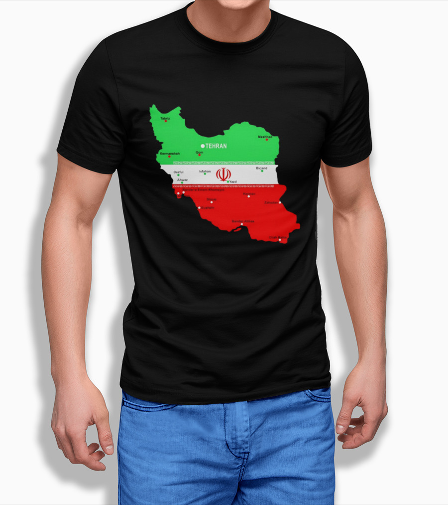 Iran Map With Flag Tehran Tabriz Mashhad Esfahan Shiraz Yazd Cities T-Shirt