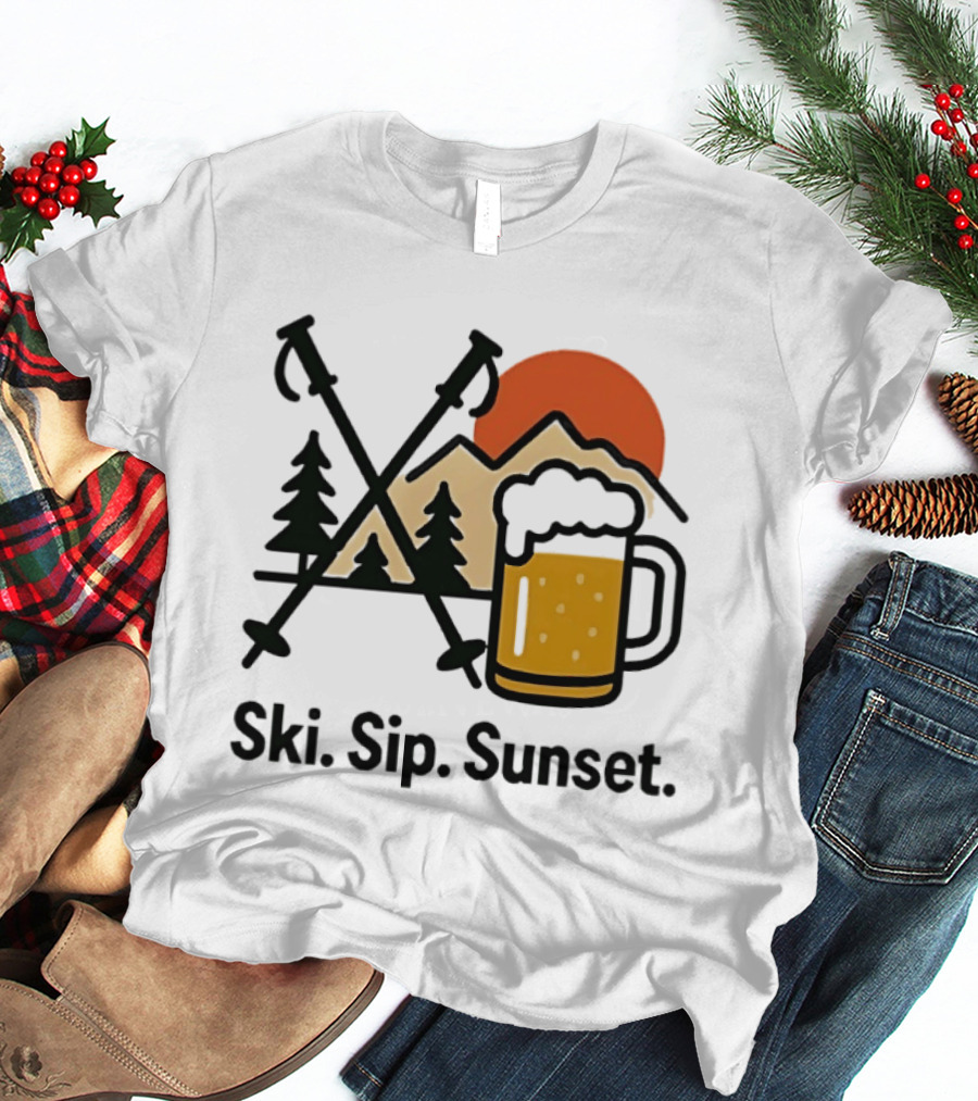 Ski Sip Sunset Mountain Beer Adventure T-Shirt