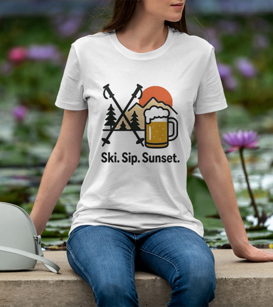 Ski Sip Sunset Mountain Beer Adventure T-Shirt