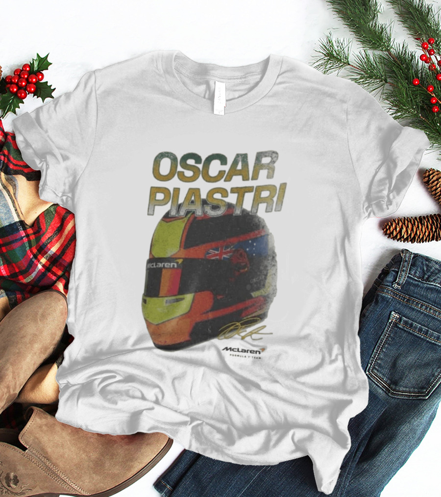 Oscar Piastri McLaren Racing Helmet Flag Signature T-Shirt