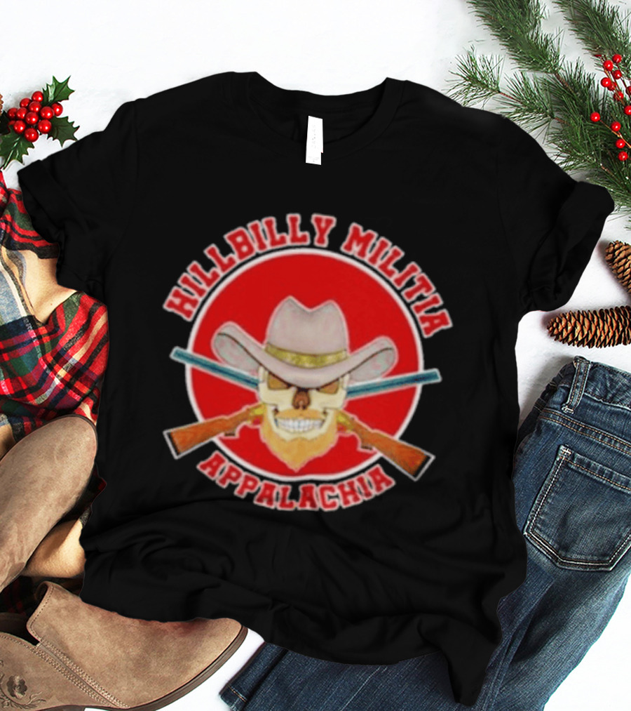 Hillbilly Militia Appalachia Skull Cowboy Hat Rifles Red Circle T-Shirt