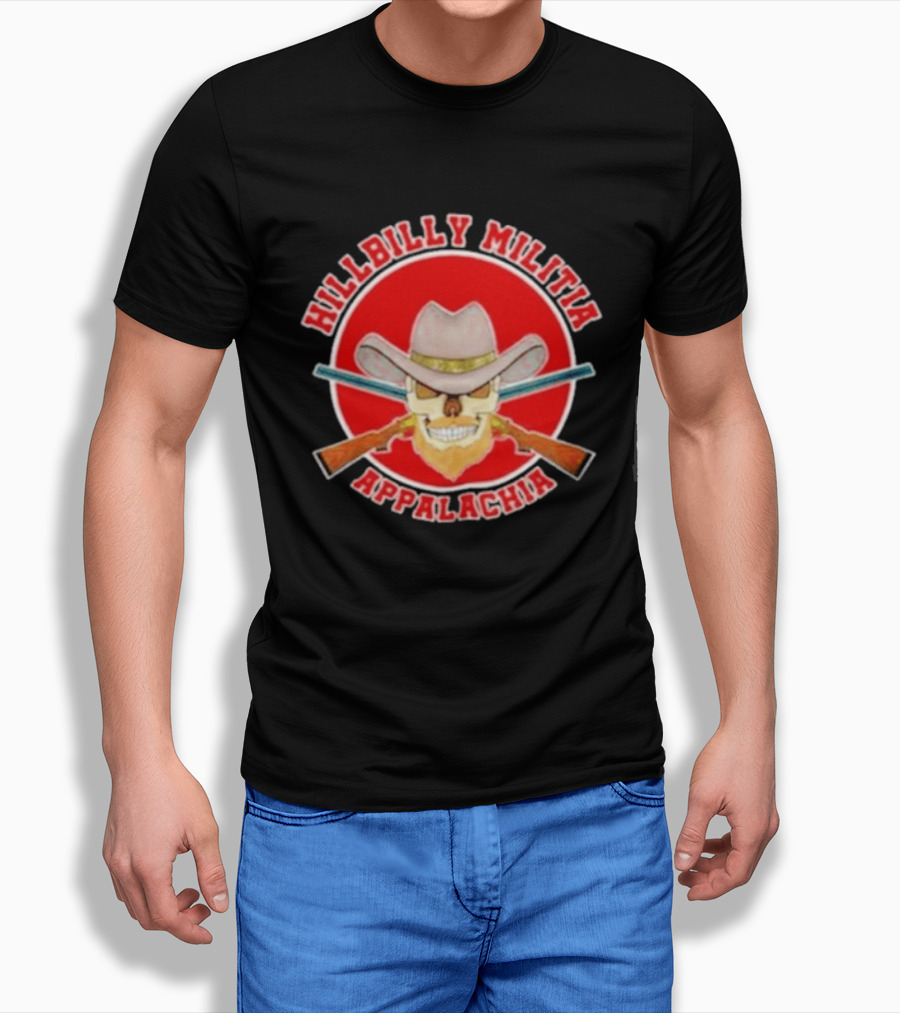 Hillbilly Militia Appalachia Skull Cowboy Hat Rifles Red Circle T-Shirt