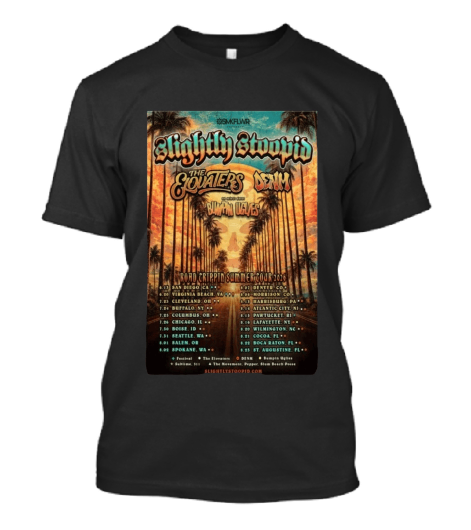 Slightly Stoopid Road Trippin Summer Tour 2026 The Elovaters DENM Bummin Uglies Dates And Cities T-Shirt