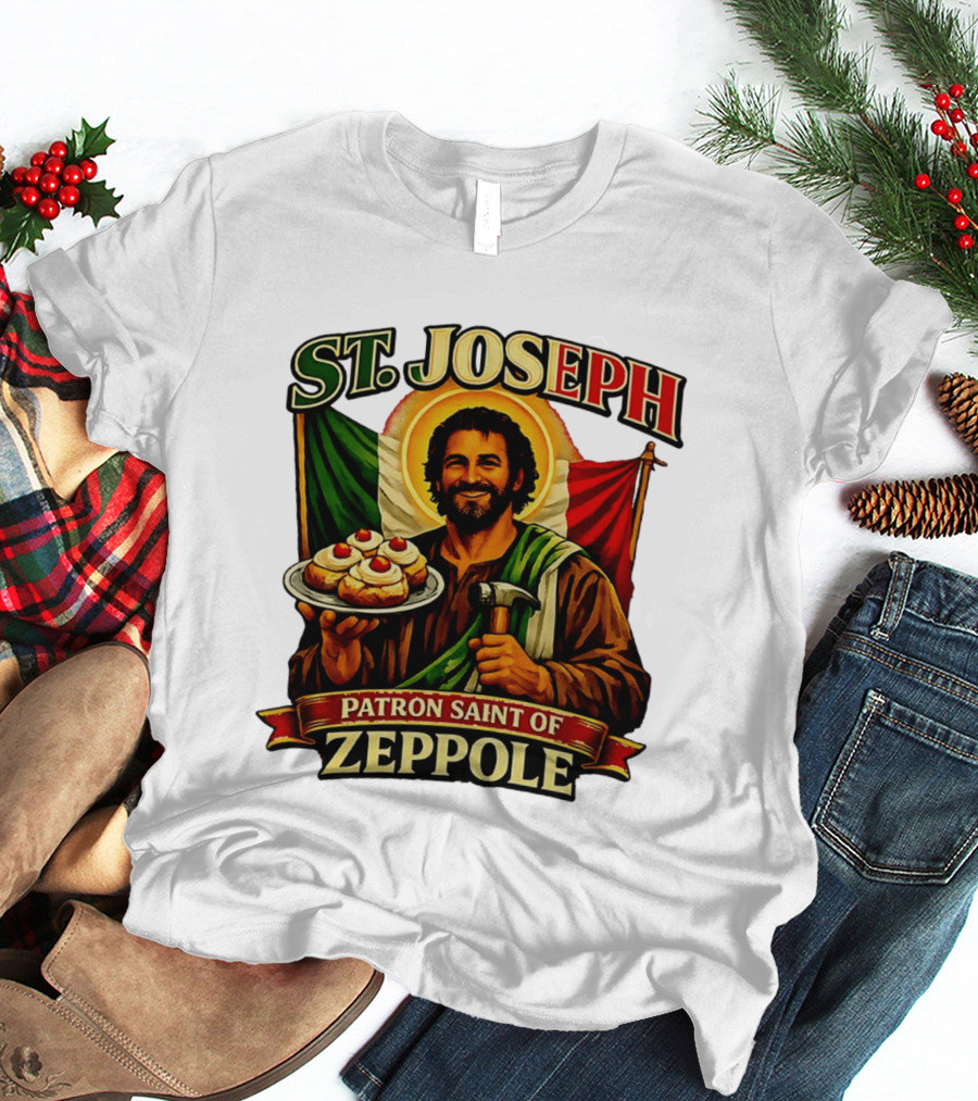 St. Joseph Patron Saint Of Zeppole With Italian Flag Icon And Halo Providing Hammer And Pastries T-Shirt