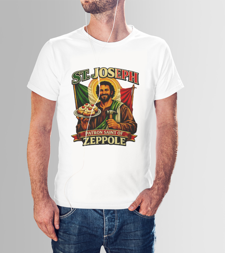 St. Joseph Patron Saint Of Zeppole With Italian Flag Icon And Halo Providing Hammer And Pastries T-Shirt