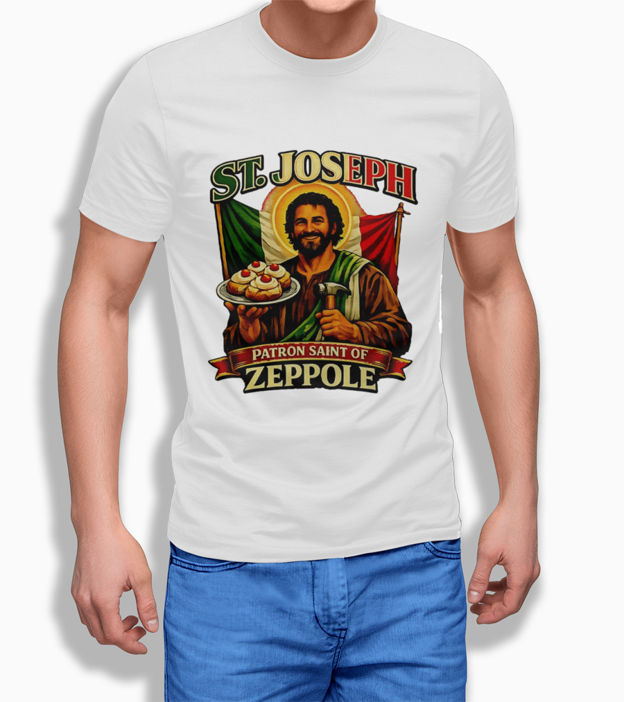 St. Joseph Patron Saint Of Zeppole With Italian Flag Icon And Halo Providing Hammer And Pastries T-Shirt