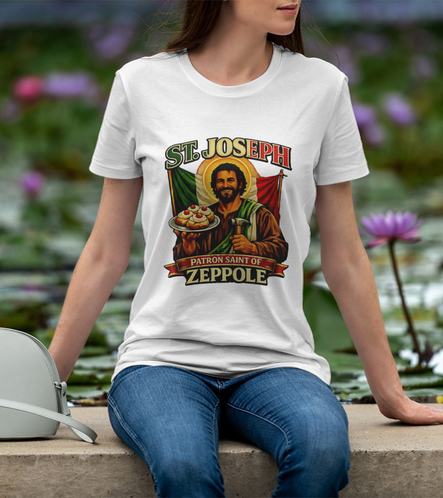 St. Joseph Patron Saint Of Zeppole With Italian Flag Icon And Halo Providing Hammer And Pastries T-Shirt