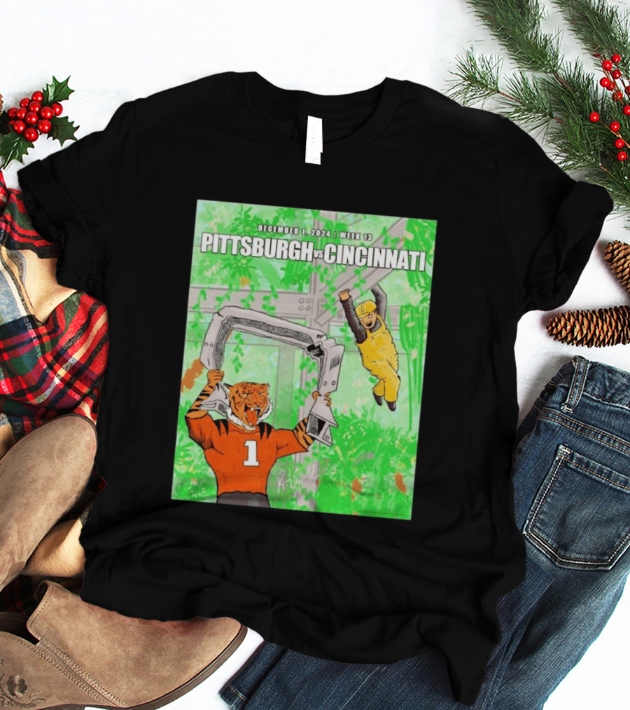 Pittsburgh Steelers Vs Cincinnati Bengals December 1 2024 Week 13 Cartoon Tiger And Construction Worker Jungle Showdown T-Shirt