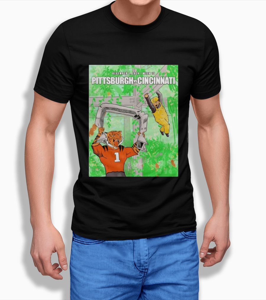 Pittsburgh Steelers Vs Cincinnati Bengals December 1 2024 Week 13 Cartoon Tiger And Construction Worker Jungle Showdown T-Shirt