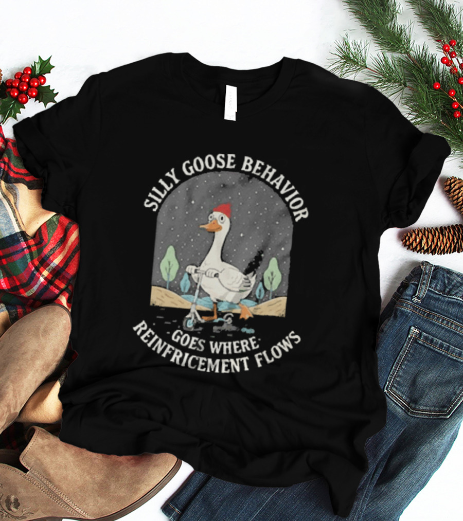 Silly Goose Behavior Goes Where Reinforcement Flows Goose Cartoon In Red Beanie Under Night Sky T-Shirt