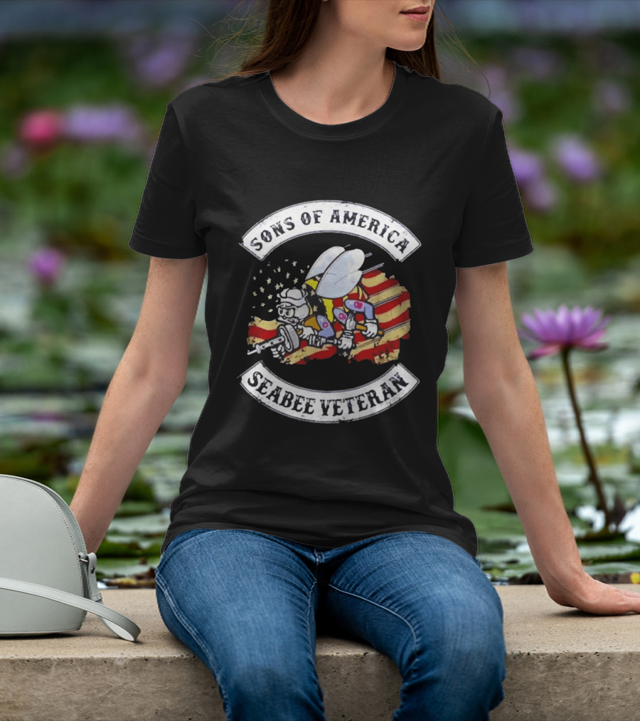 Sons Of America Seabee Veteran US Flag Military Pride T-Shirt