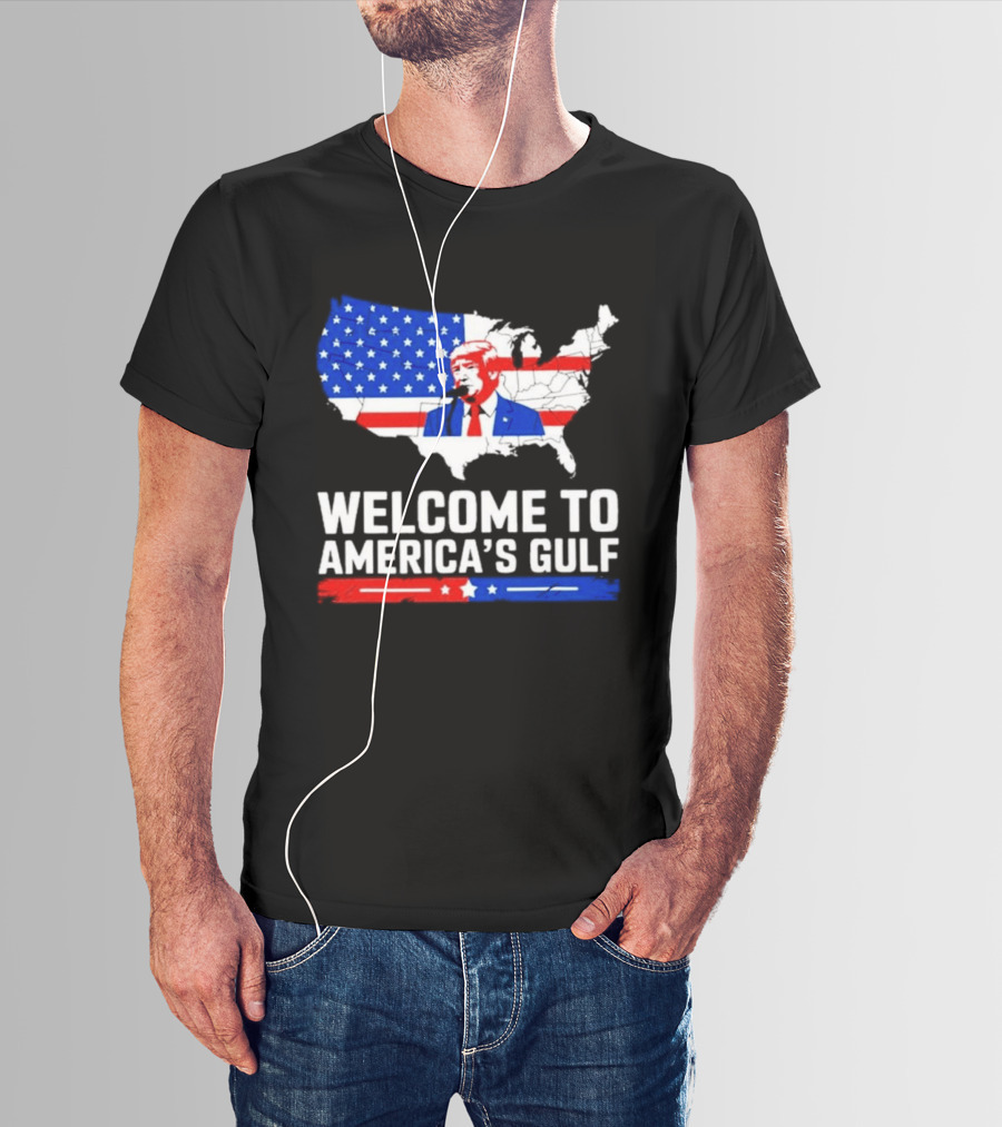 Welcome To America's Gulf Patriotic Map Featuring Trump And Stars And Stripes T-Shirt