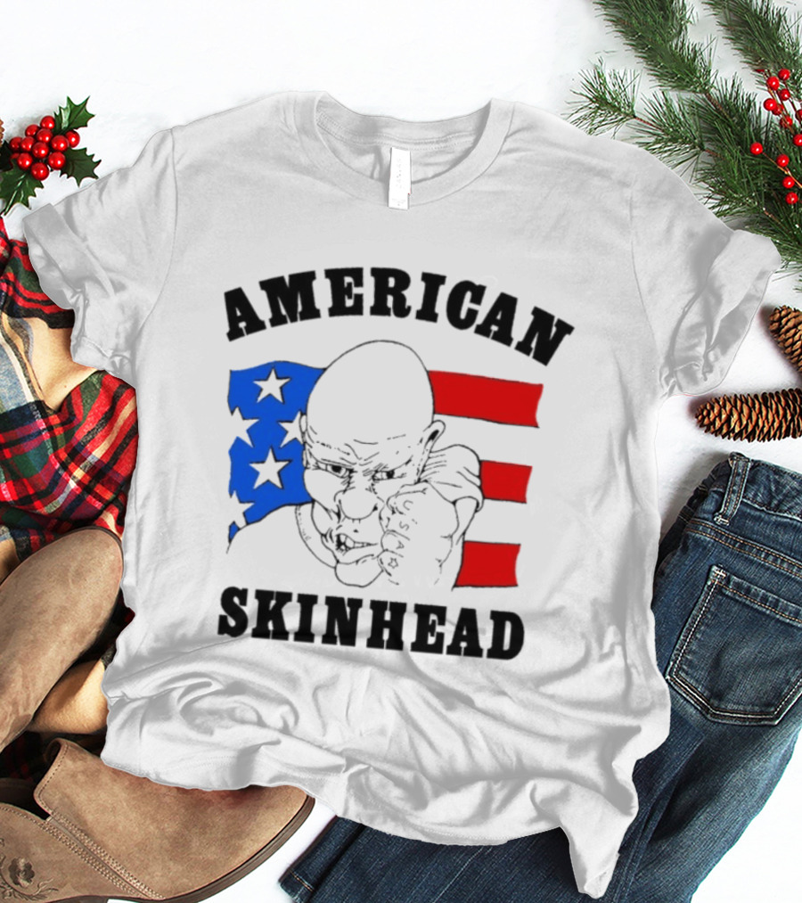 American Skinhead USA Bald Character With Flag Stars And Stripes T-Shirt