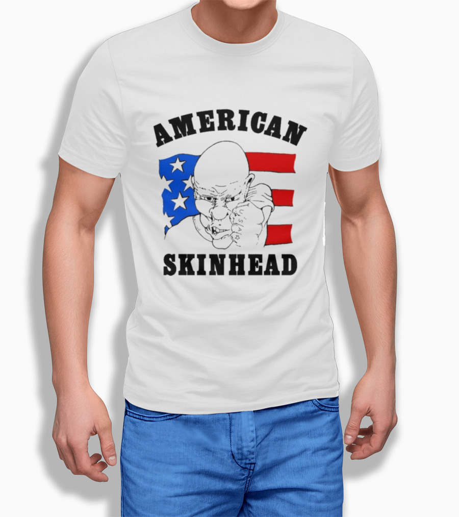 American Skinhead USA Bald Character With Flag Stars And Stripes T-Shirt