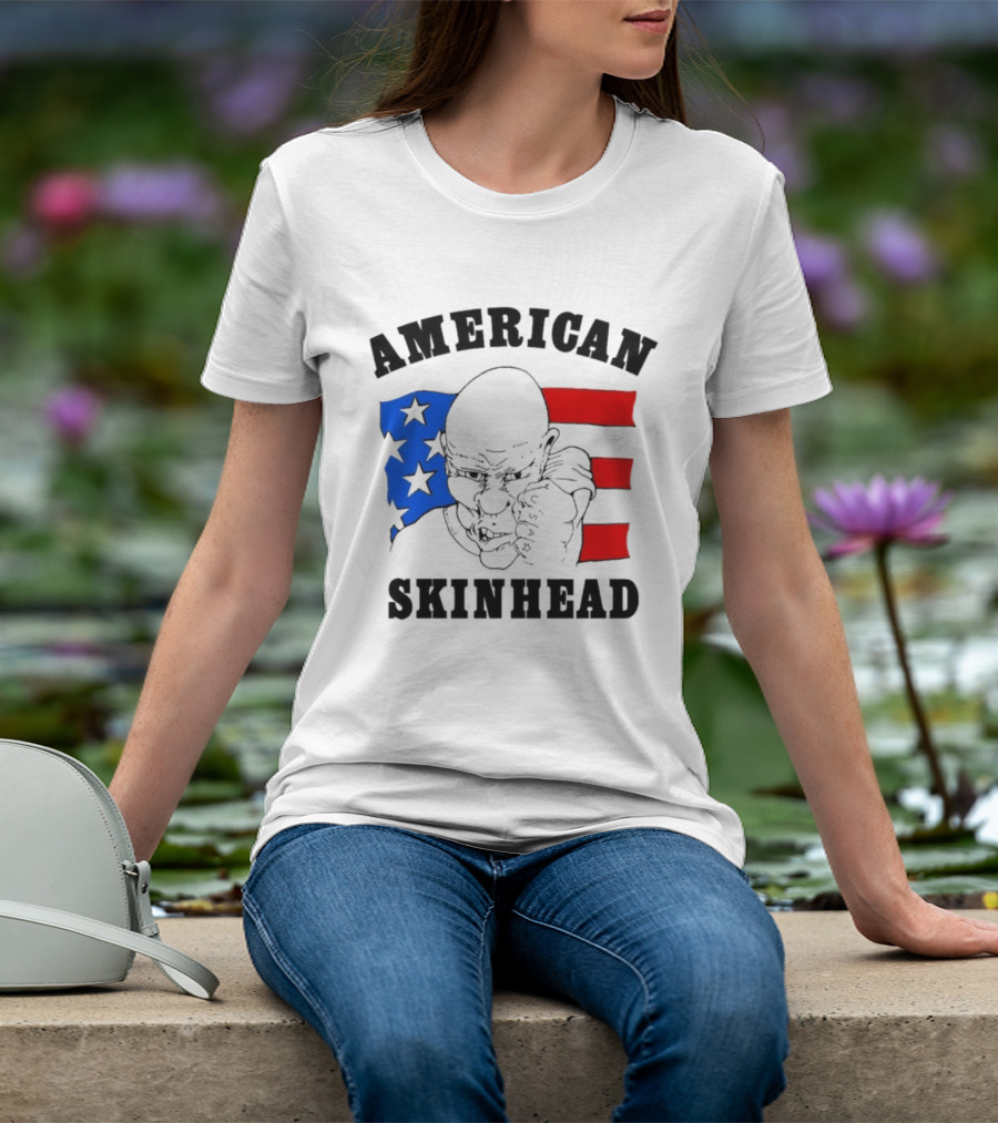 American Skinhead USA Bald Character With Flag Stars And Stripes T-Shirt
