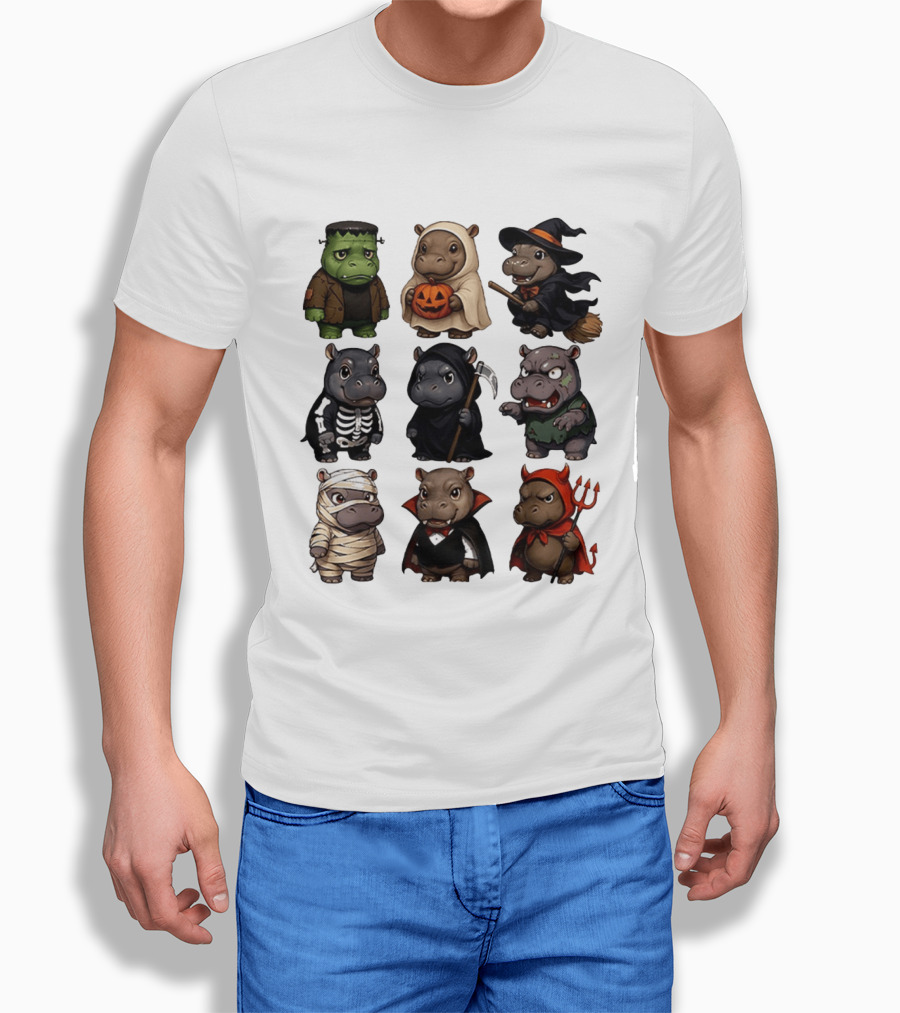 Baby Hippo Frankenstein Ghost Witch Skeleton Grim Reaper Zombie Mummy Dracula Devil Halloween 2025 T-Shirt