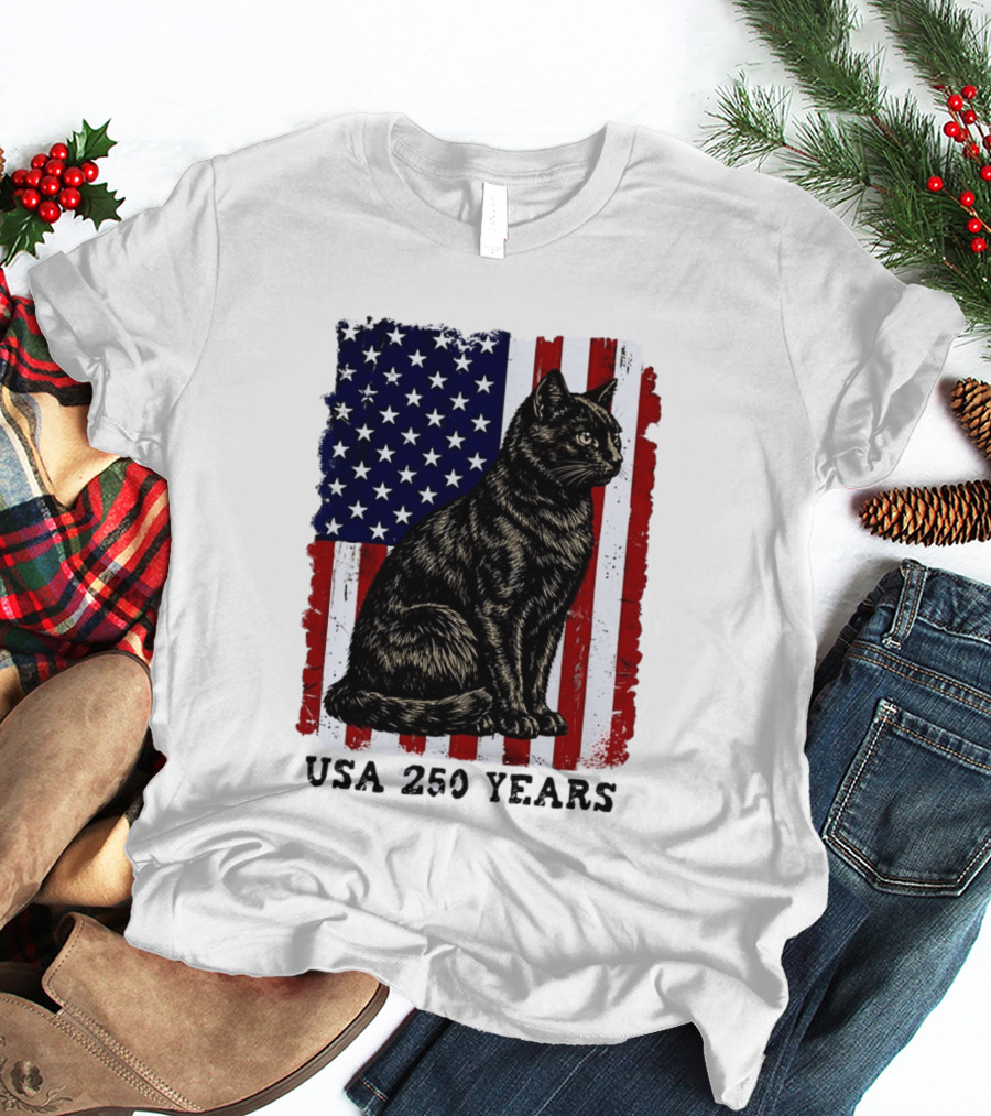 USA 250 Years Liberty Cat American Flag T-Shirt
