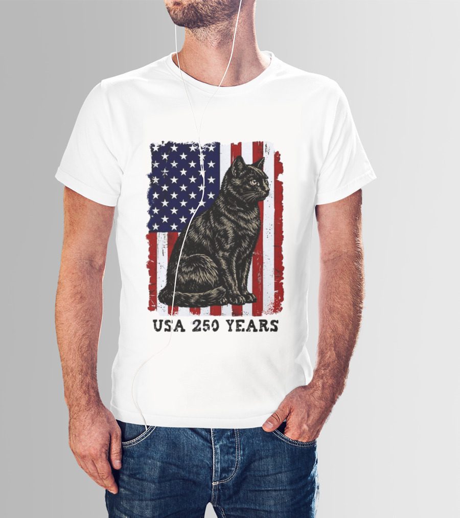 USA 250 Years Liberty Cat American Flag T-Shirt