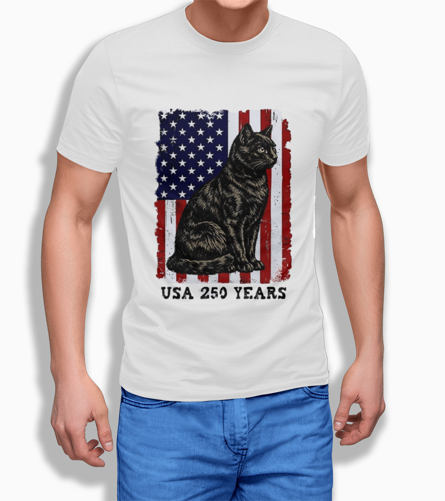 USA 250 Years Liberty Cat American Flag T-Shirt