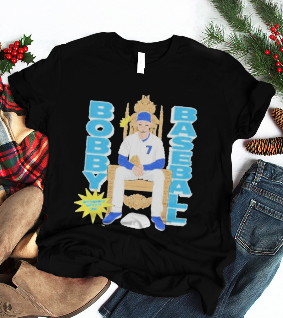 Bobby Baseball Throne Number 7 Blue Cap Batting Glove T-Shirt
