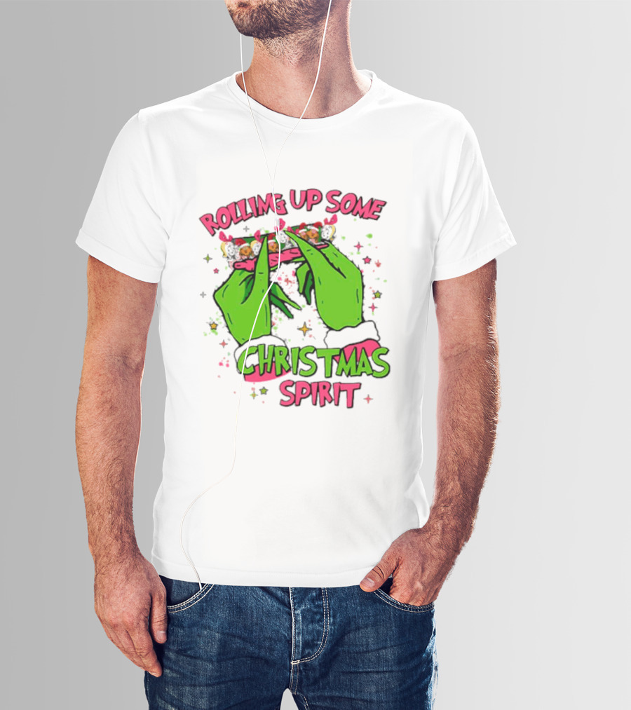 Grinch Rolling Up Some Christmas Spirit With Green Hands And Glitter Stars T-Shirt