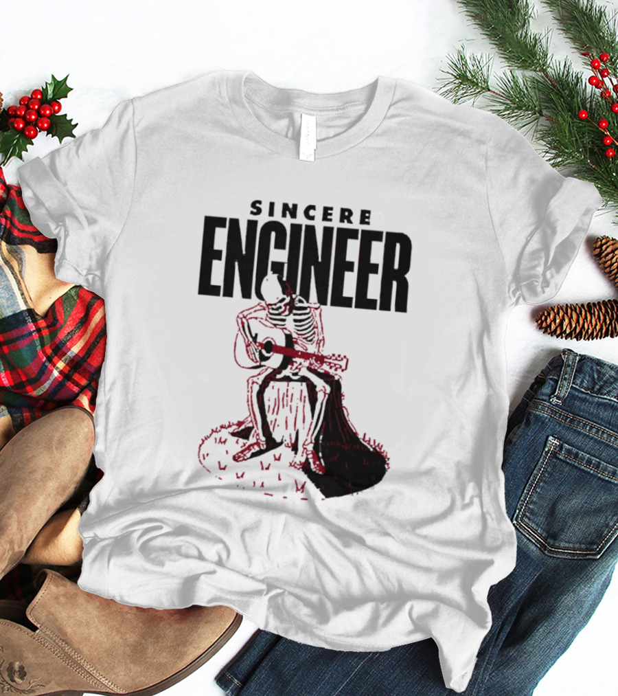 Sincere Engineer Skeleton Playing Guitar On Tree Stump T-Shirt