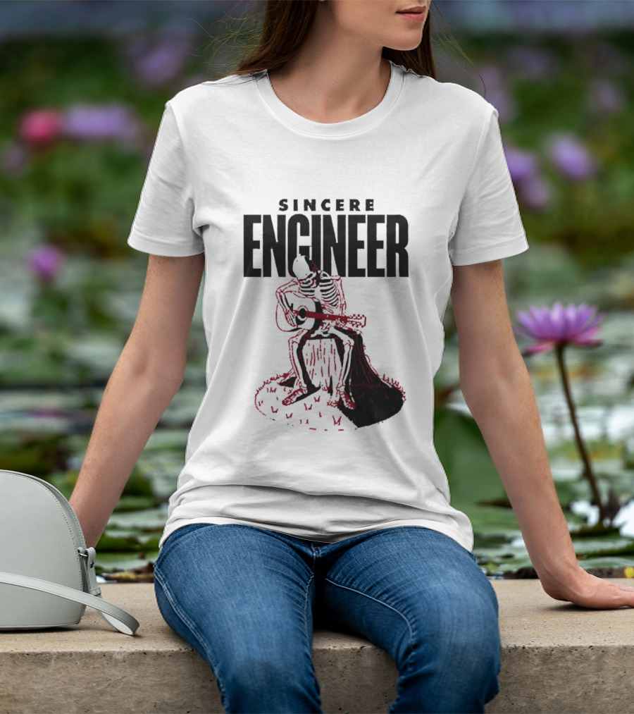 Sincere Engineer Skeleton Playing Guitar On Tree Stump T-Shirt