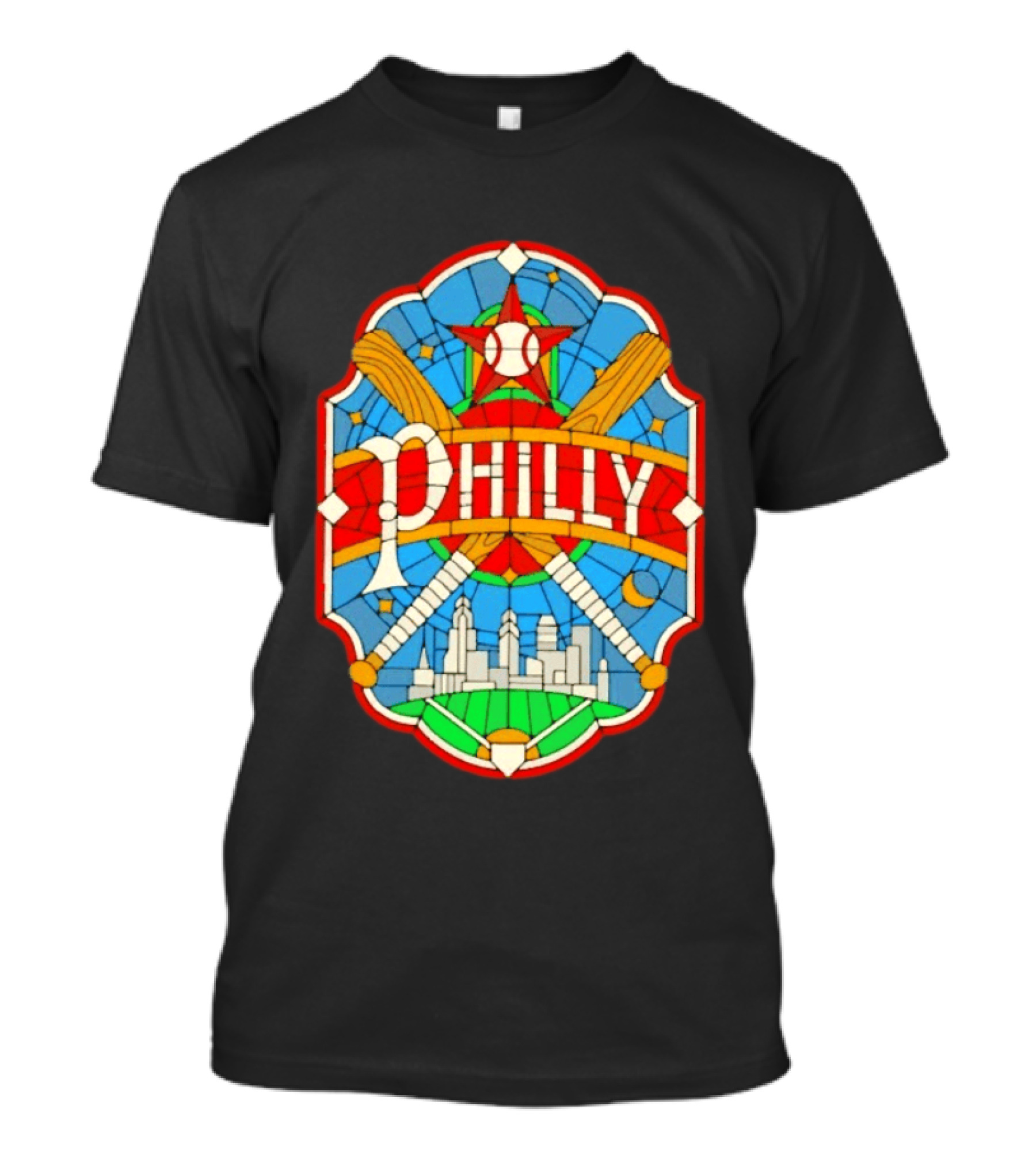 Philadelphia Phillies Stained Glass Philly Skyline Baseball Star Bats T-Shirt