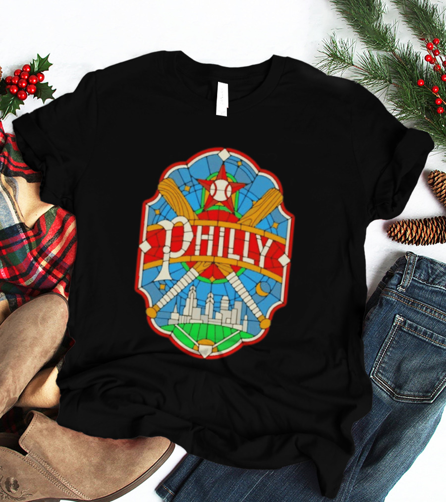 Philadelphia Phillies Stained Glass Philly Skyline Baseball Star Bats T-Shirt